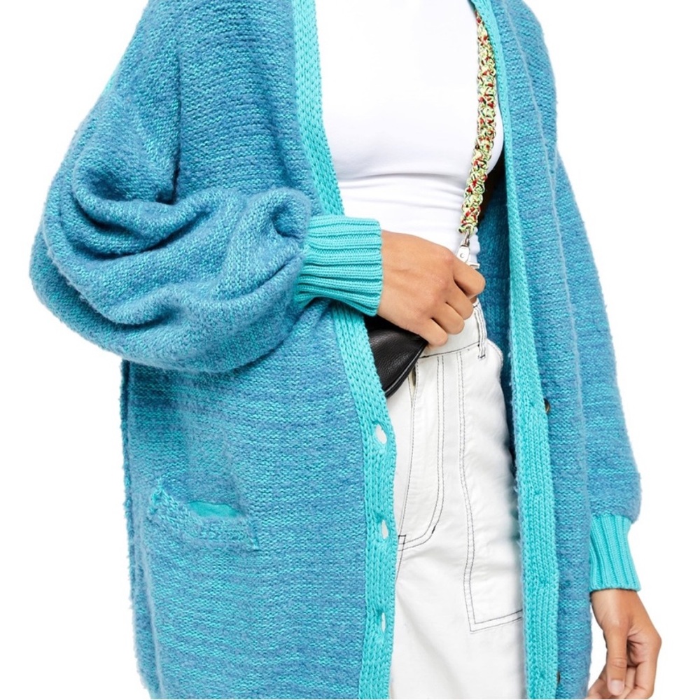 Free People Oversized Blue Snow Drop Bubble Puffy Cardigan, Size XS